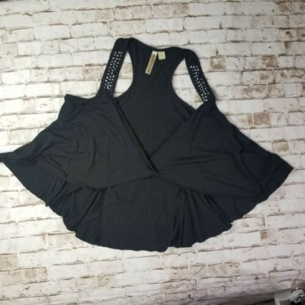 4/$25 EYESHADOW Black Boho Sleeveless Swing Vest Womens M Rhinestones & Pearls - Picture 3 of 12
